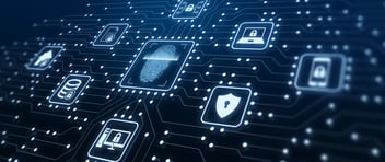 Digital circuit board with various security icons, including a fingerprint, shield, and lock, symbolizing cybersecurity and data protection.