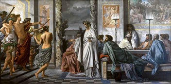 An ancient Greek scene with numerous figures in a grand hall, some draped in robes conversing and others approaching with offerings.