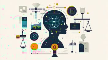 Silhouette of a head with interconnected icons representing technology, scales, graphs, and data, symbolizing the integration of innovation and information.