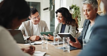 Meeting, technology and business people in office for finance investment with company with online. Collaboration, discussion and financial management team
