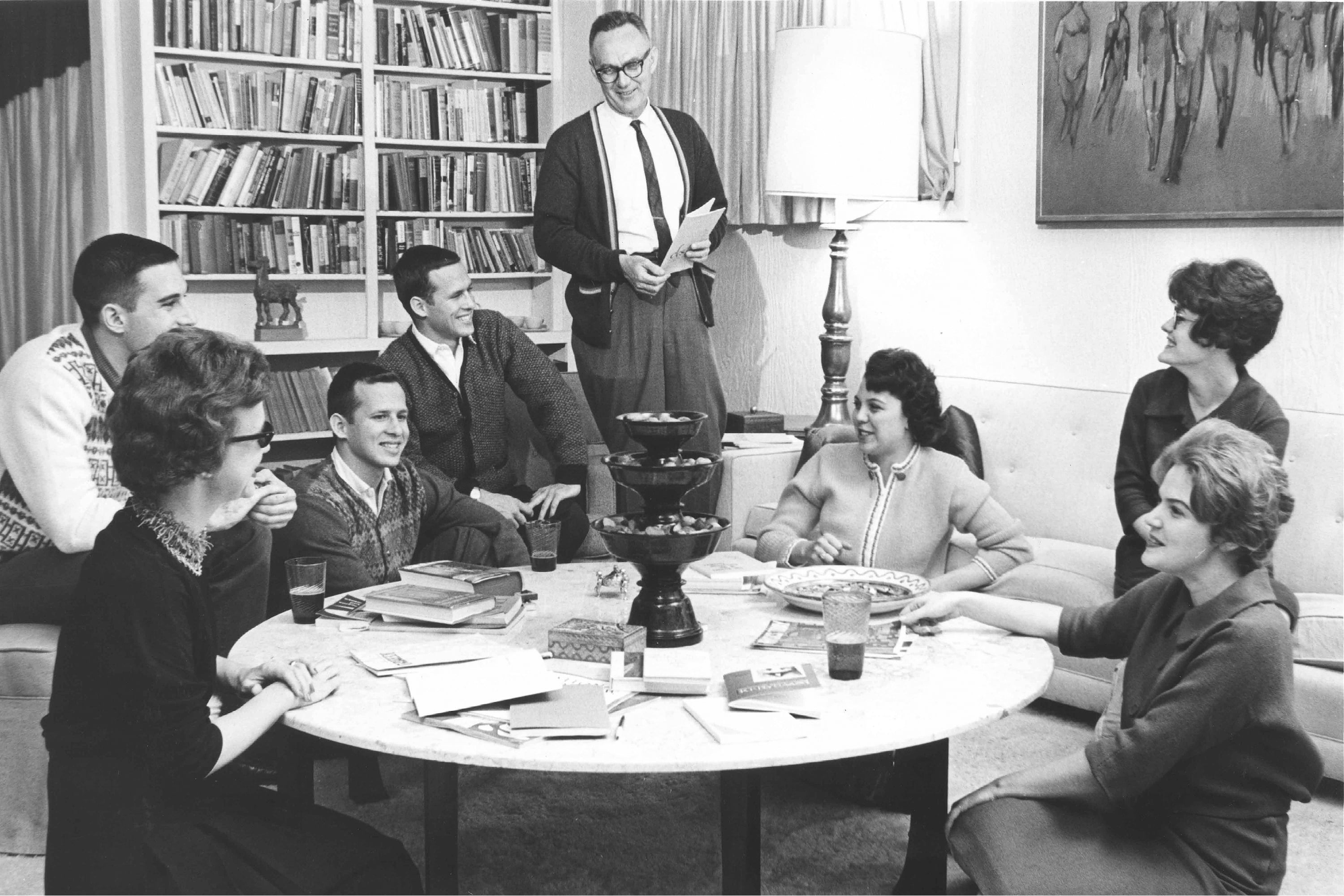 Donald and Louise Cowan host a group of students in their home.